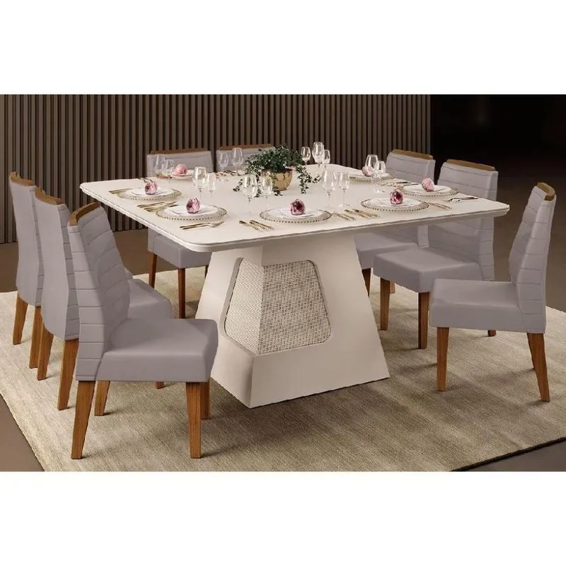 Sala De Jantar Completa Dala c- Tampo Madeirado c- Vidro 136x136cm E 8 Cadeiras Ondina Freijó-suede Kraft - Dj Móveis