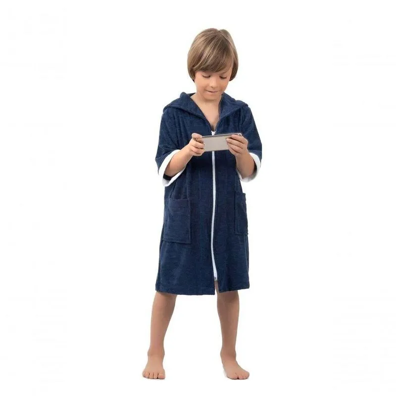 Roupão Infantil Com Zíper E Capuz Azul Marinho - 12