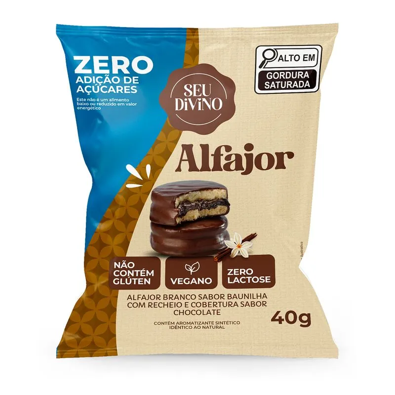 Alfajor SEU DIVINO Baunilha com Cobertura Chocolate Sem Glúte,Sem Lactose,Sem Açúcar e Vegano 40g