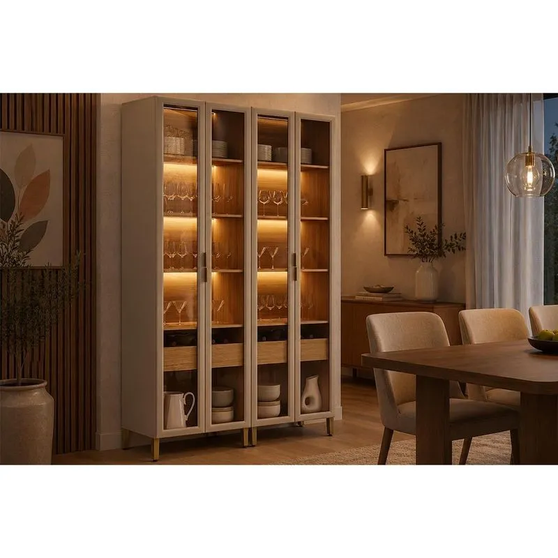 Cristaleira Cozinha Allure 4Pts LED Adega e Pé 140cm Gris Linea