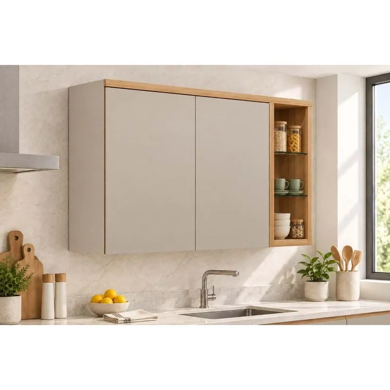 Módulo Cozinha Linea Allure Allure c/2 Potas e Nicho Prat Vidro 120cm Jequitiba/Gris Linea Brasil