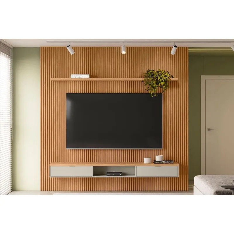 Estante p/ Sala até 90 Pol Modular 2.6 Ripado c/ 2 Portas 1 Pratel. 258x250cm Nature/Off White - Linea Brasil