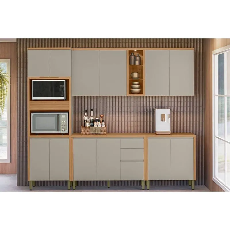 Kit Cozinha Modulada 5 Peças Allure (2Aéreos+2Balcões+1TorreQuente) CP04 Jequitiba/Gris Fosco - Linea Brasil
