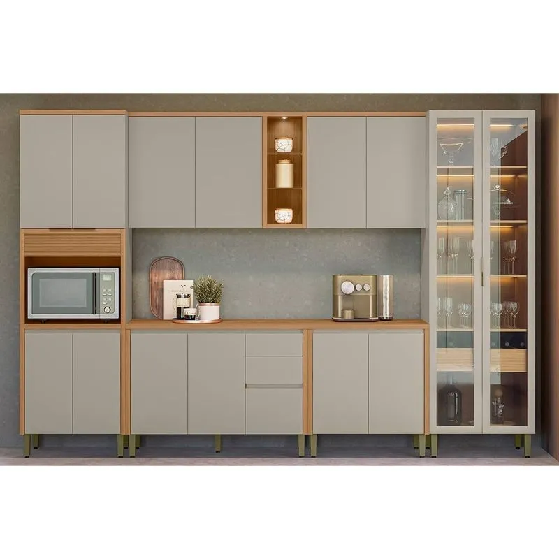 Kit Cozinha Modulada 6 Peças Allure (2Aéreos+2Balcões+1Cristaleira+1Paneleiro) CP16 Jequitiba/Gris Fosco - Linea Brasil