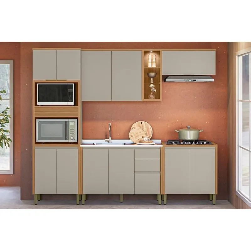 Kit Cozinha Modulada 5 Peças Allure (2Aéreos+2Balcões+1TorreQuente) CP13 Jequitiba/Gris Fosco - Linea Brasil