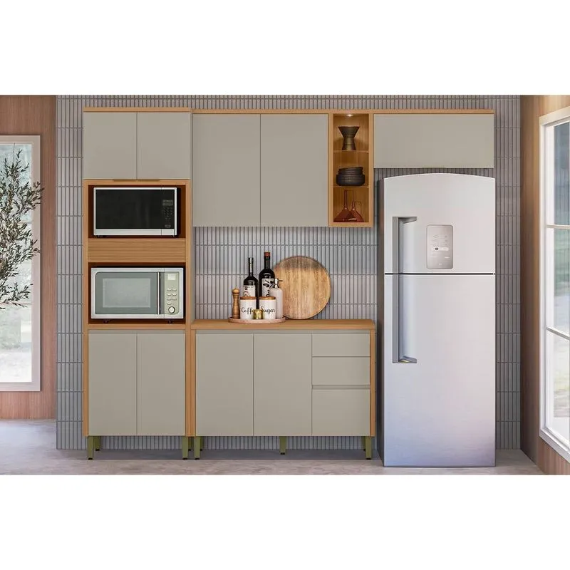 Kit de Cozinha Completa 4 Peças Allure (2Aéreos+1Balcão+1TorreQuente) CP10 Jequitiba/Gris Fosco - Linea Brasil
