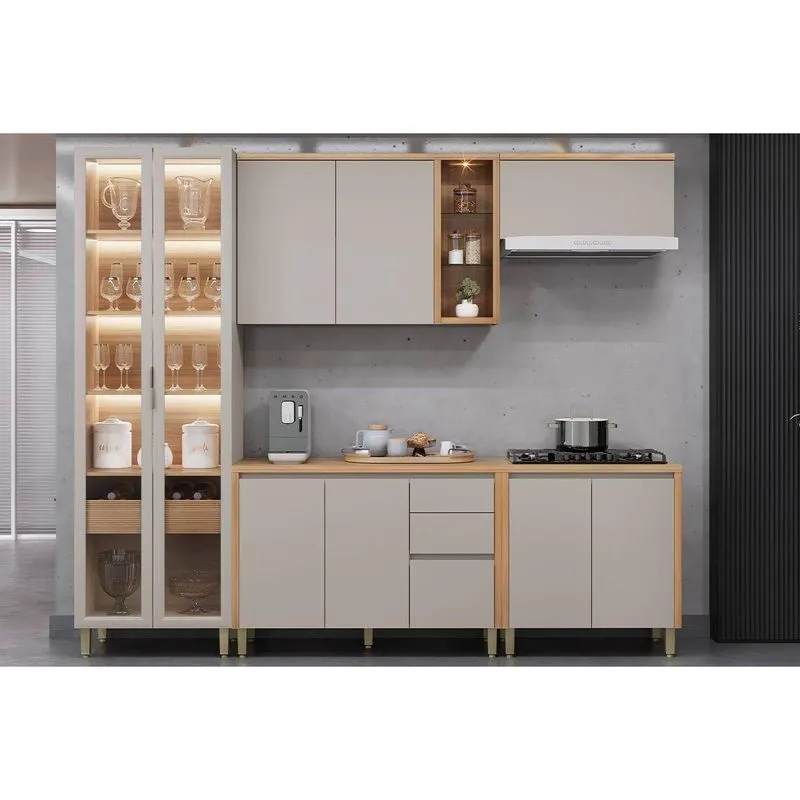 Kit De Cozinha Completa 5 Peças Allure (2aéreos+2balcões+1cristaleira) Cp23 Jequitiba/gris Fosco - Linea Brasil