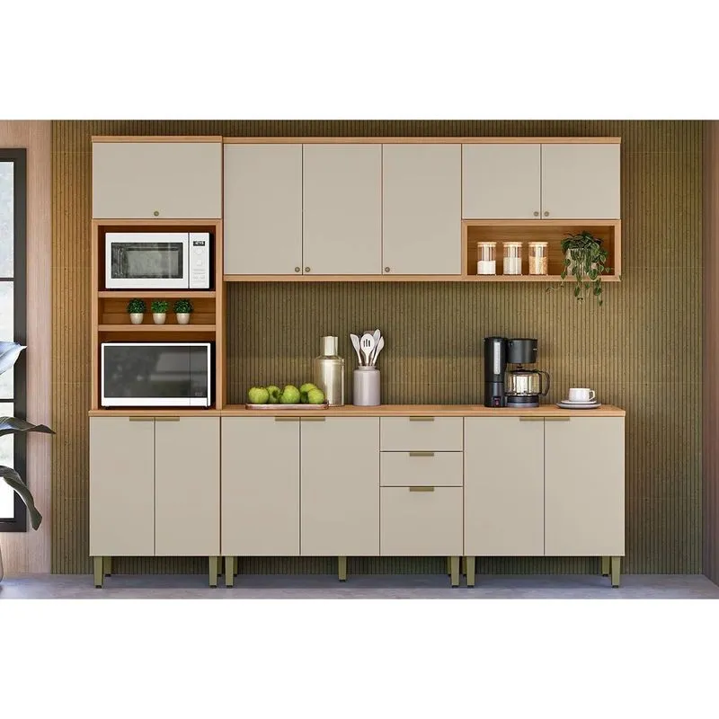 Kit de Cozinha Completa 5 Peças Selene (2Aéreos+2Balcões+1Paneleiro) CP03 Jequitiba/Off White Fosco - Linea Brasil
