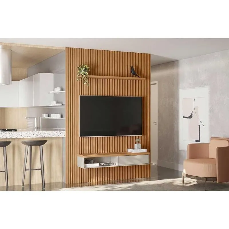 Estante P- Sala Até 85 Pol Modular 2.2 Ripado C- 1 Porta 1 Prat. 219x250cm Nature-off White - Linea Brasil