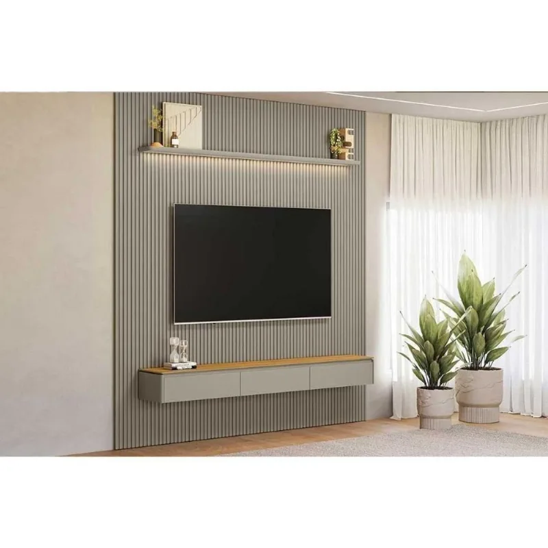 Estante P- Sala Até 90 Pol Modular Ripado C- 2 Portas 1 Prat. 258x250cm Tauari-gris Fosco - Linea