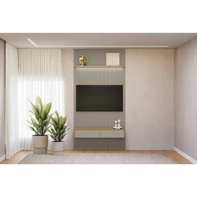 Estante P- Sala Até 60 Pol Modular Ripado C- 2 Portas 1 Prat. 141x250cm Tauari-gris Fosco - Linea
