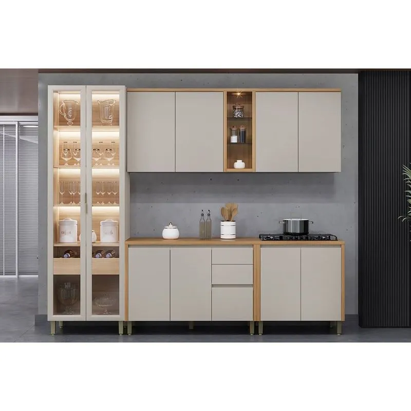 Cozinha Modulada Completa Allure 5 Peças (2Aéreos+2Balcões+1Cristaleira) CP05 Jequitiba/Gris Fosco - Linea Brasil