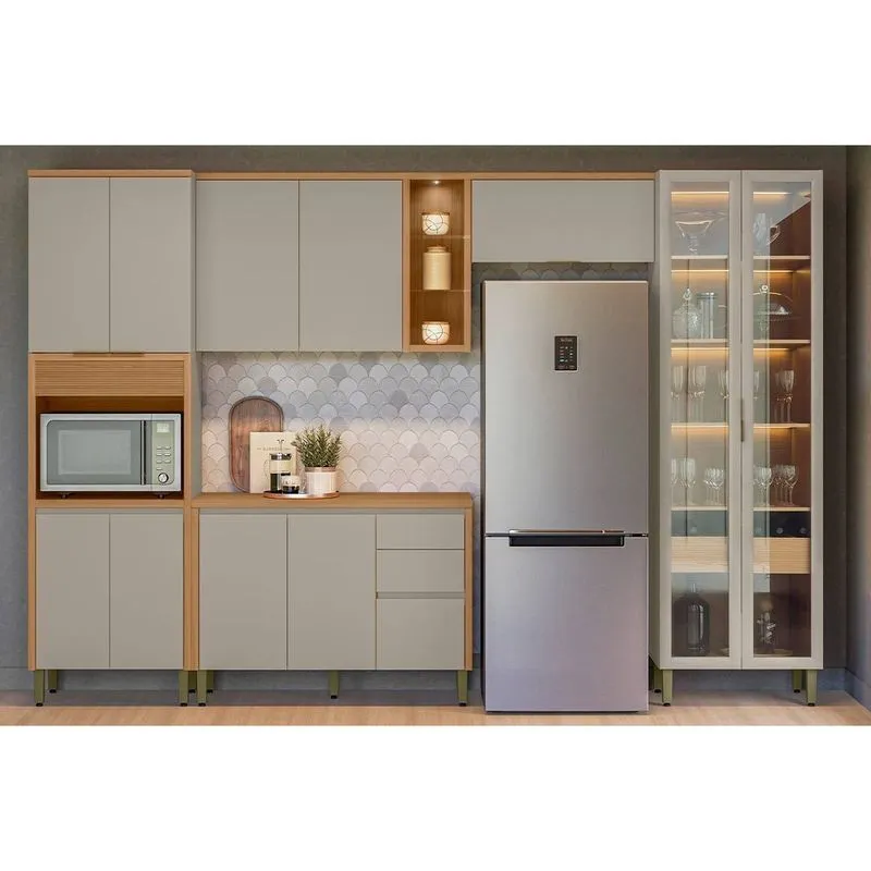 Cozinha Modulada Completa Allure 5 Peças (2Aéreos+1Balcão+1Cristaleira+1Paneleiro) CP14 Jequitiba/Gris Fosco - Linea Brasil