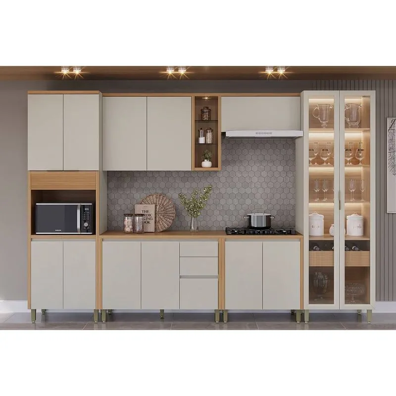 Cozinha Modulada Completa Allure 6 Peças (2Aéreos+2Balcões+1Cristaleira+1Paneleiro) CP07 Jequitiba/Gris Fosco - Linea Brasil
