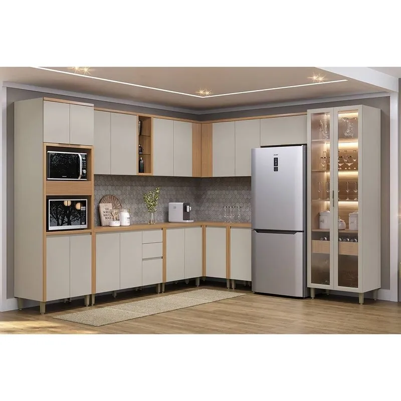 Cozinha Modulada Completa Allure 11 Peças (5Aéreos+4Balcões+1Cristaleira+1Paneleiro) CP01 Jequitiba/Gris Fosco - Linea Brasil