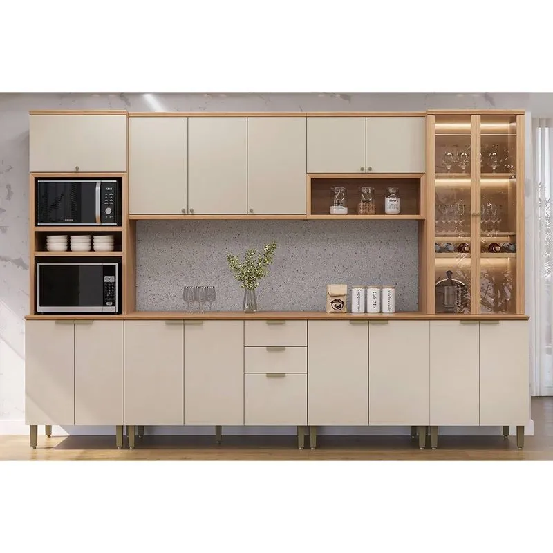 Cozinha Modulada Completa Selene 6 Peças (2Aéreos+2Balcões+2Paneleiros) CP01 Jequitiba/Off White Fosco - Linea Brasil