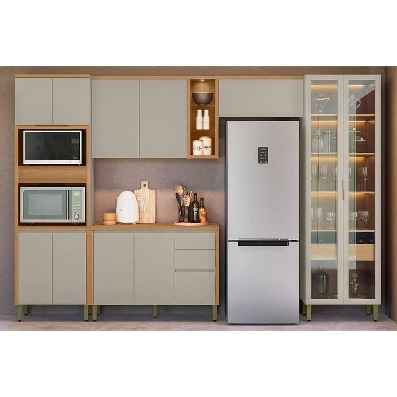 Cozinha Modulada Completa Allure 5 Peças (2aéreos+1balcão+1cristaleira+1paneleiro) Cp15 Jequitiba/gris Fosco - Linea Brasil