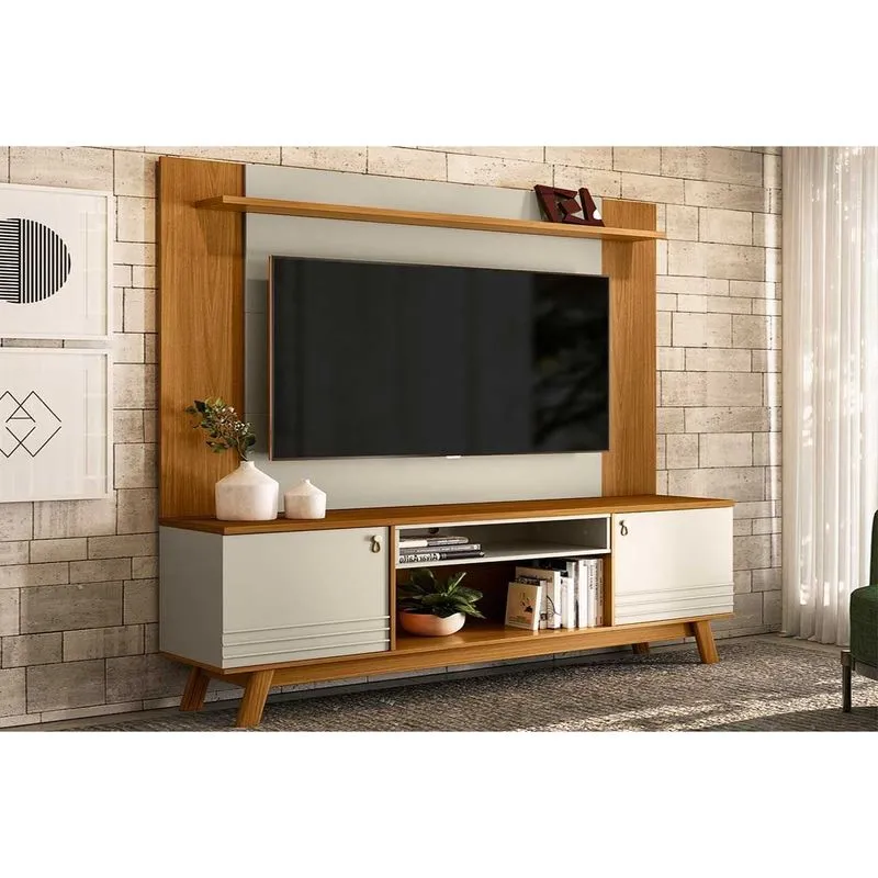 Rack Bancada c/ Painel p/ TV at?? 55 Pol Colorado/Tulum 2 Portas 3 Prateleiras 180x188cm Nature/Off White - Linea Brasil