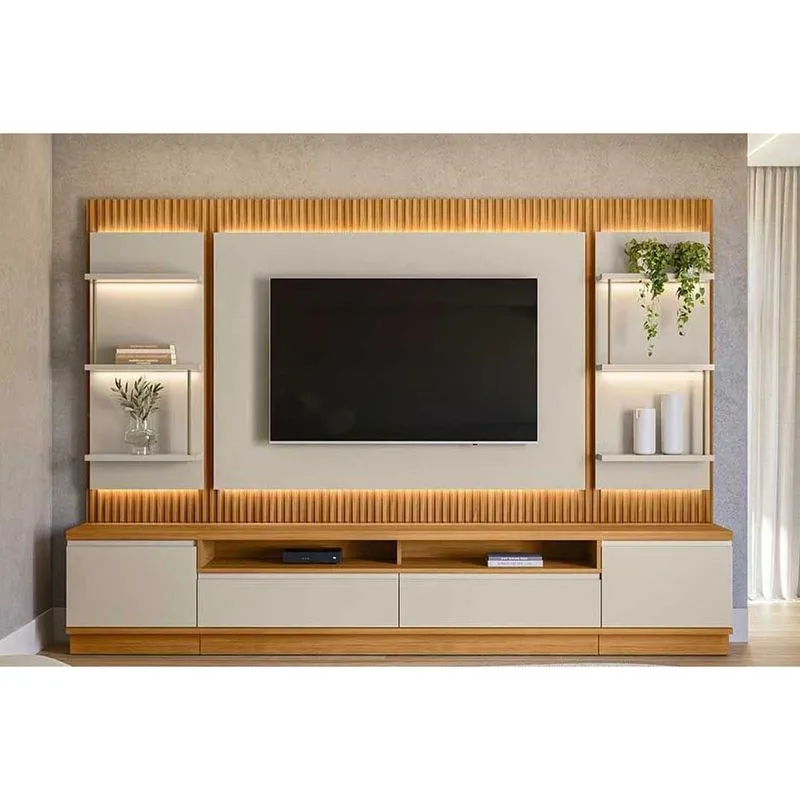 Rack Bancada c/ Painel p/ TV até 70 Pol São Paulo Ripado 4 Gav. 6 Prateleiras e Leds 297x198cm Tauari/Off White Fosco - Linea Brasil