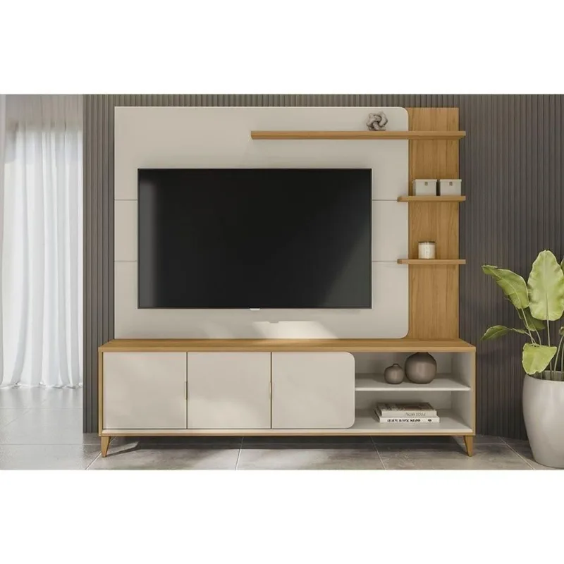 Estante P- Sala Até 70 Pol Napoli C- 3 Portas 4 Prateleiras E Led 193x200cm Tauari-off White Fosco - Linea