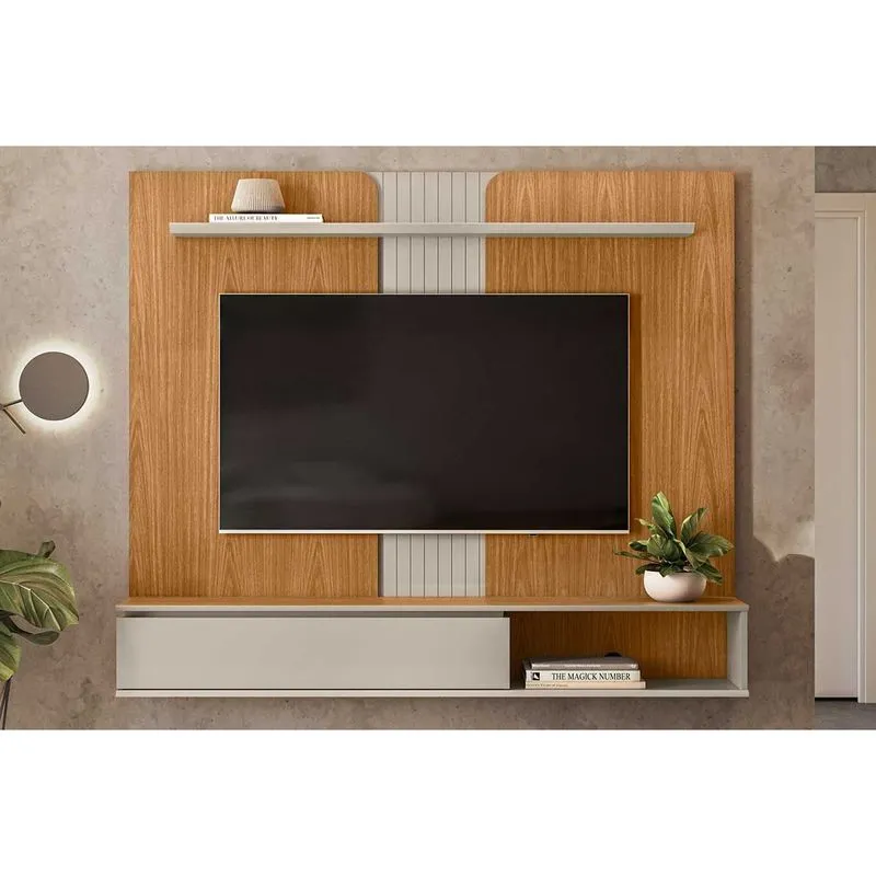 Painel Quarto p/ TV até 65 Pol Friburgo c/ 1 Porta e 1 Prateleira 160x136cm Nature/Off White - Linea Brasil