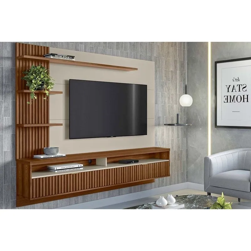 Painel Quarto p/ TV até 65 Pol Araruna c/ 2 Porta e 3 Prateleiras 200x170cm Freijó/Off White - Linea Brasil