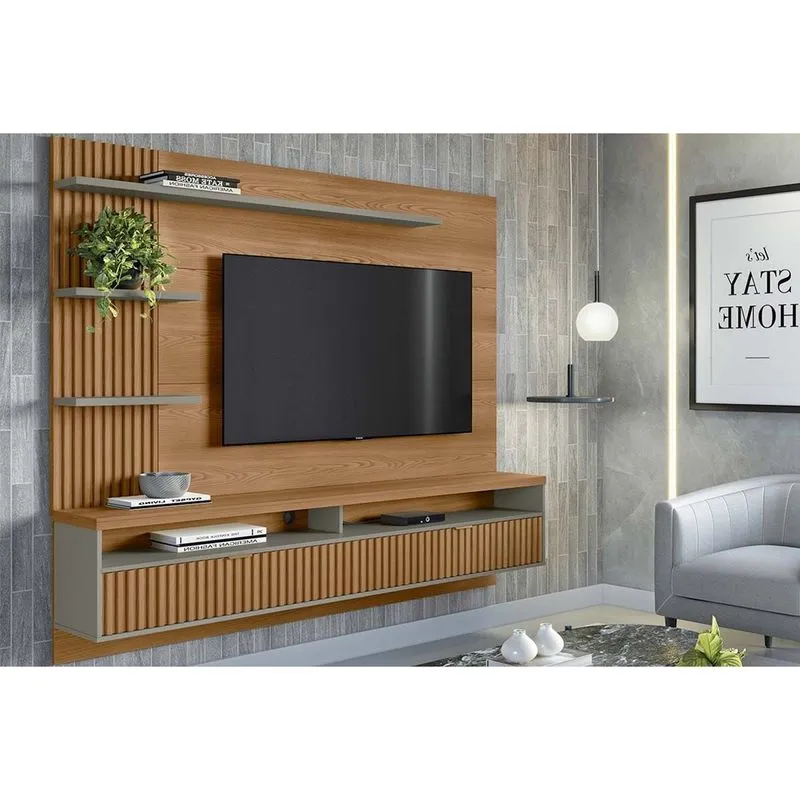 Painel Quarto p/ TV até 65 Pol Araruna c/ 2 Porta e 3 Prateleiras 200x170cm Amêndoa/Titânio - Linea Brasil