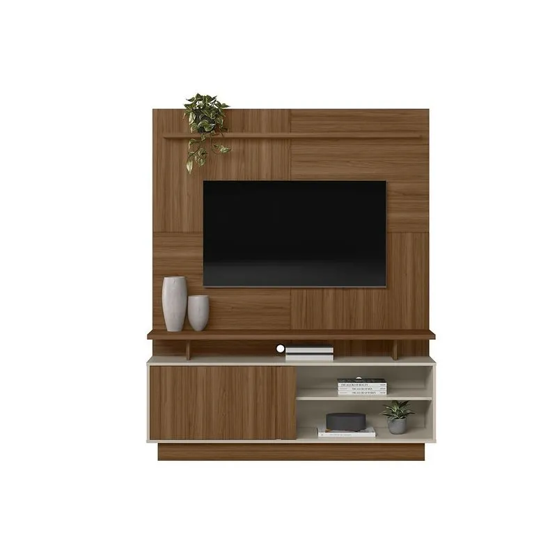 Rack Bancada c/ Painel p/ TV até 60 Pol Viena 1 Portas e 2 Prateleiras 185x150cm Jatoba/Off White - Linea Brasil