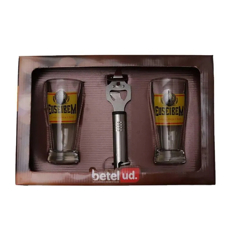 Jogo 2 Copos 200ml Decorados + Abridor Betelud