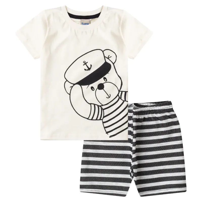 Conjunto Masculino Manga Curta em Meia Malha Tamanho:03;Cor:Off White /Preto - Fazendo Arte