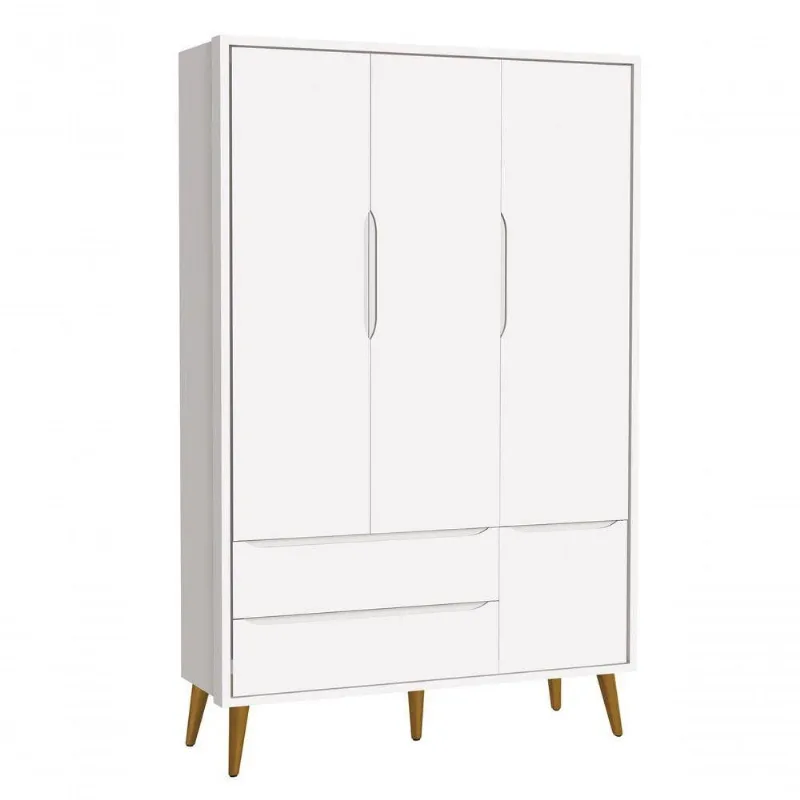 Guarda-roupa Retrô 3 Portas Théo New Branco Fosco Com Madeira - Reller