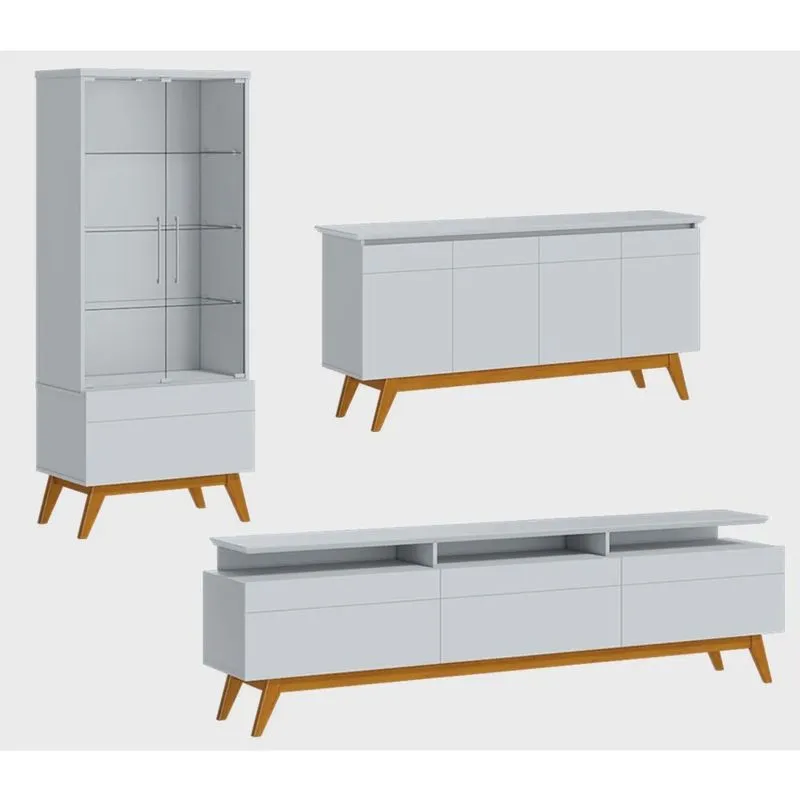 Conjunto Cristaleira 1G + Rack + 3G 1.8 + Buffet Classic Branco - Imcal Móveis