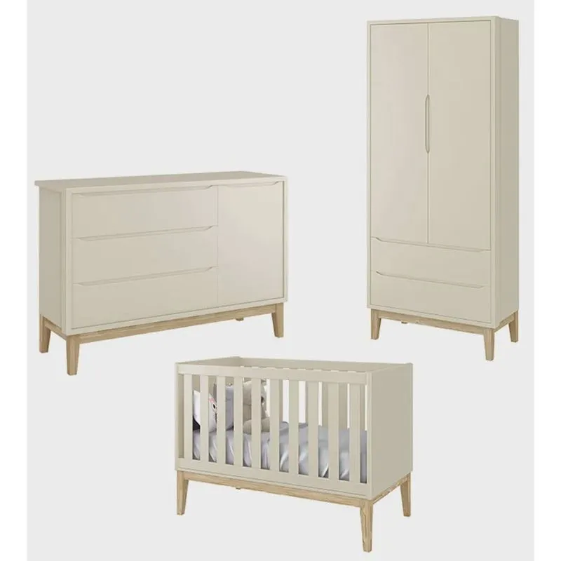 Jogo de Quarto Bebê Berço + Cômoda Sapateira + Roupeiros 2 Portas Classic Areia - MoveisAqui