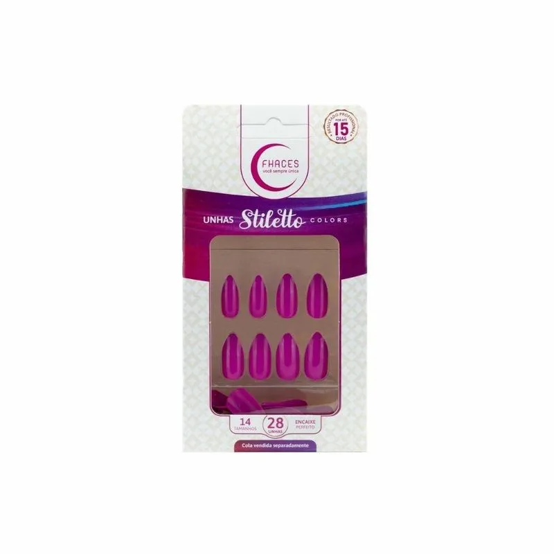 Unhas Postiças Fhaces Stiletto Rosa Fucsia Com 28un