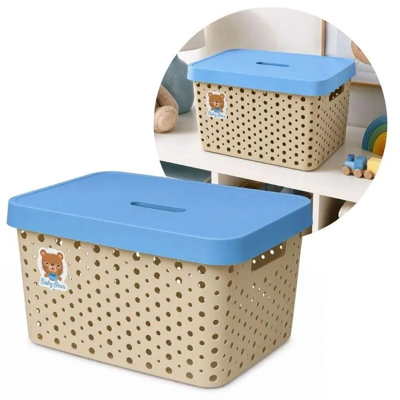 Caixa Organizadora Infantil Linha Baby Com Tampa Polipropileno (PP) Telado 17L Bege E Azul Usual