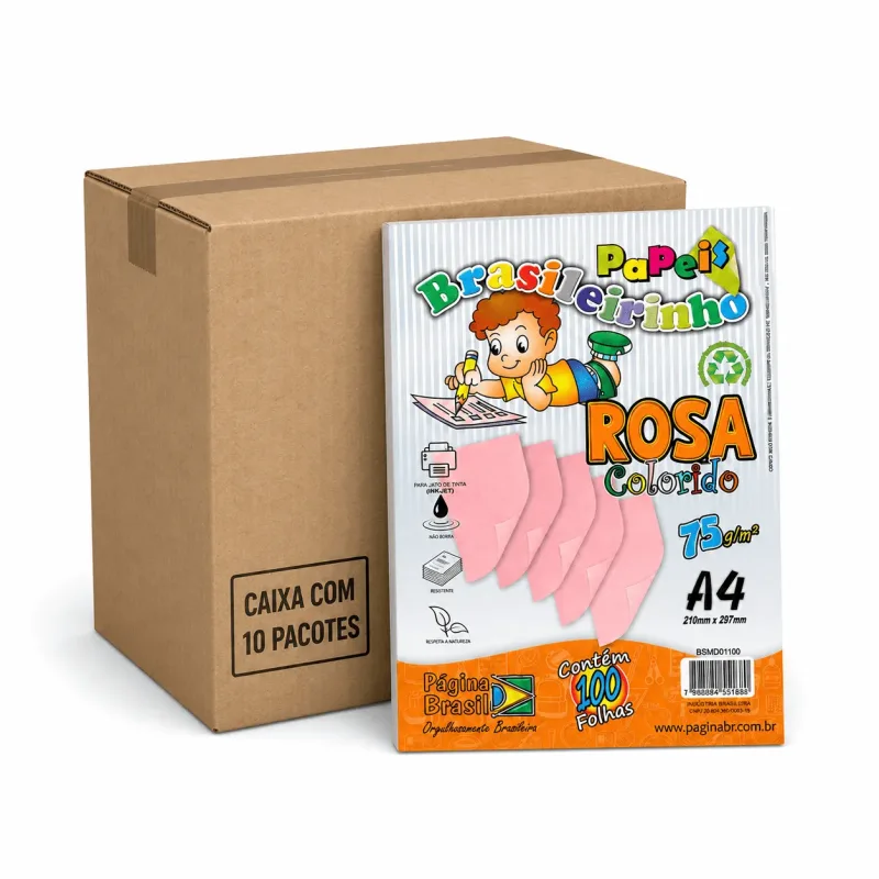 Papel A4 Sulfite 75g 100 Fls Rosa - 10 Pcts - Brasileirinho