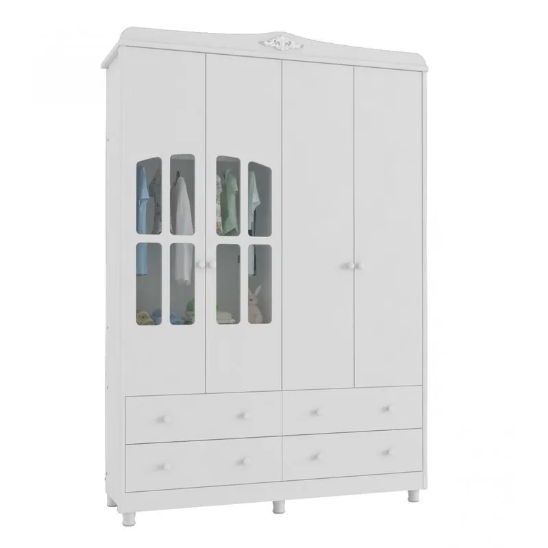 Guarda Roupa Infantil 4 Portas 4 Gavetas Elô Móveis Peroba Branco Brilho