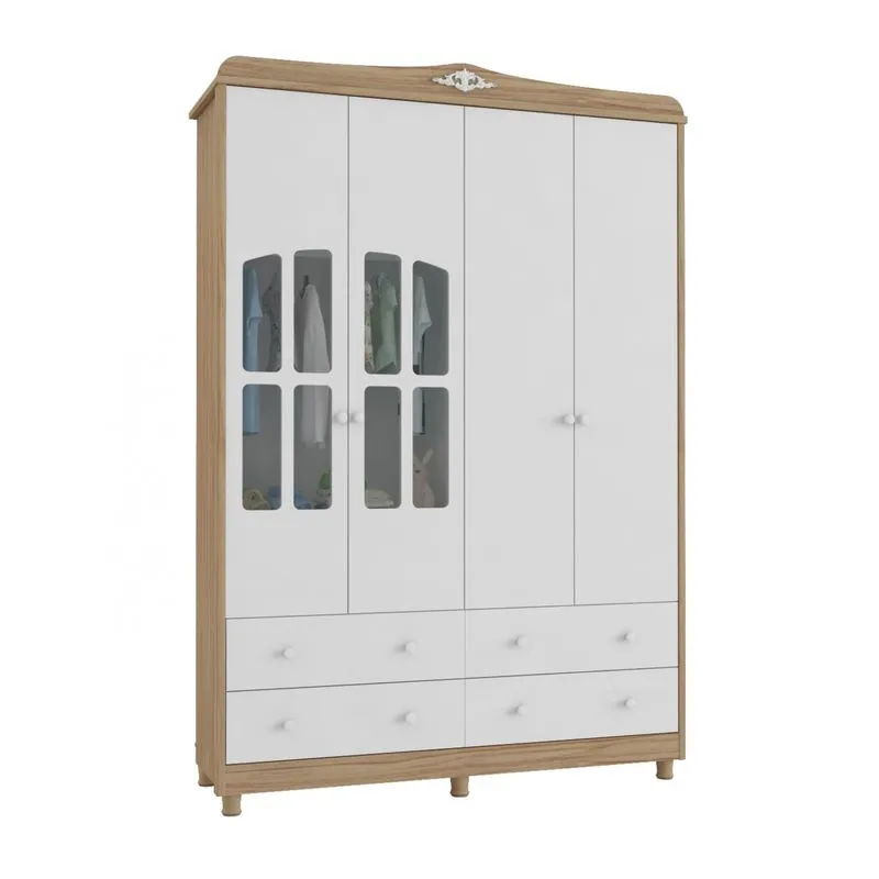 Guarda Roupa Infantil 4 Portas 4 Gavetas Elô Móveis Peroba Branco Brilho/Carvalho