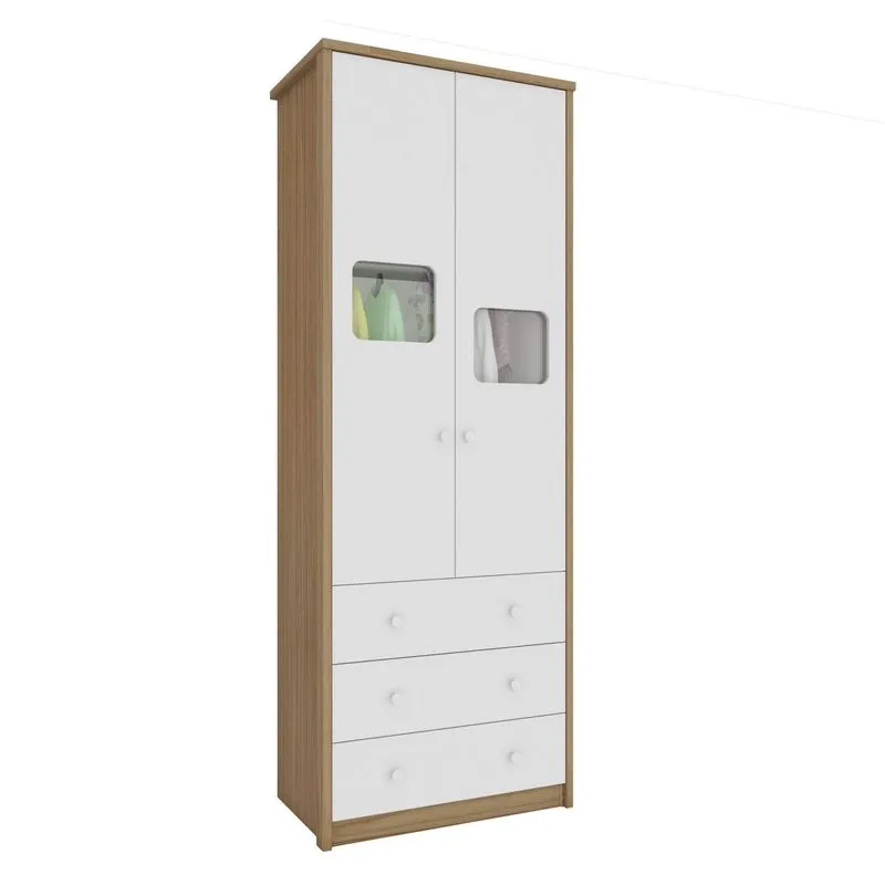 Guarda Roupa de Bebê 2 Portas 3 Gavetas Mila Móveis Peroba Branco Brilho/Carvalho