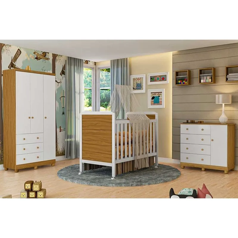 Quarto de Bebê Completo 3 Peças (1GuardaRoupa+1Berço+1Cômoda) QI123 Branco/Amendoa - Peroba