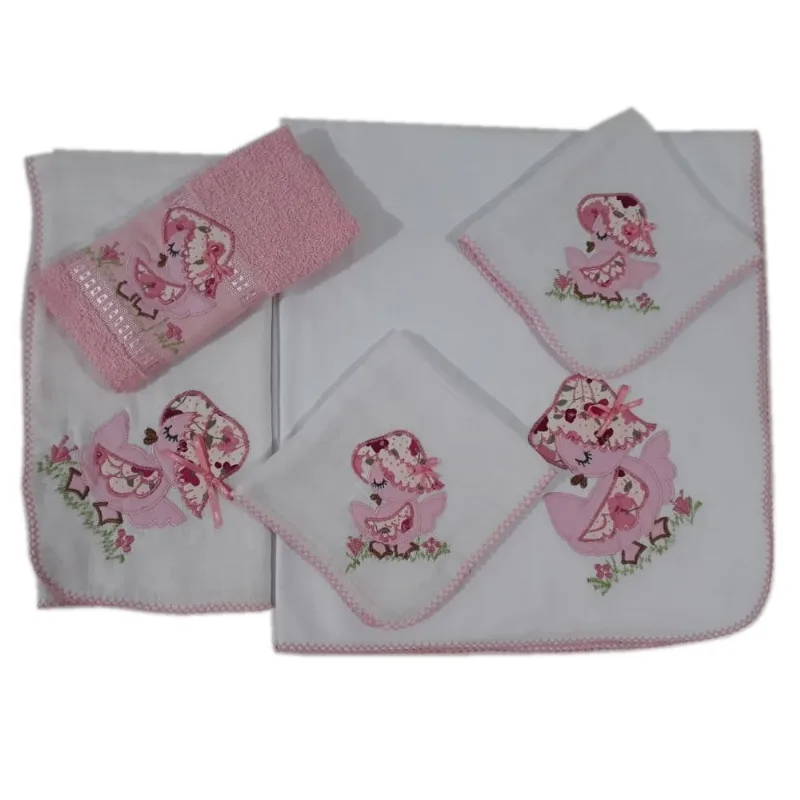 Kit Maternidade Bordado Menina 5 Peças Lavabo Cueiro Fraldas