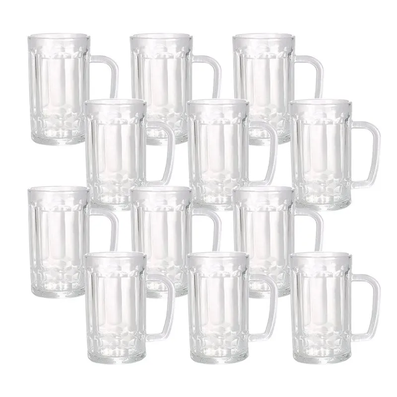 Kit Com 12 Caneca De Chopp Vidro Resistente Alto Relevo Clássico Copo Cerveja Bar c/ Alça 375ml