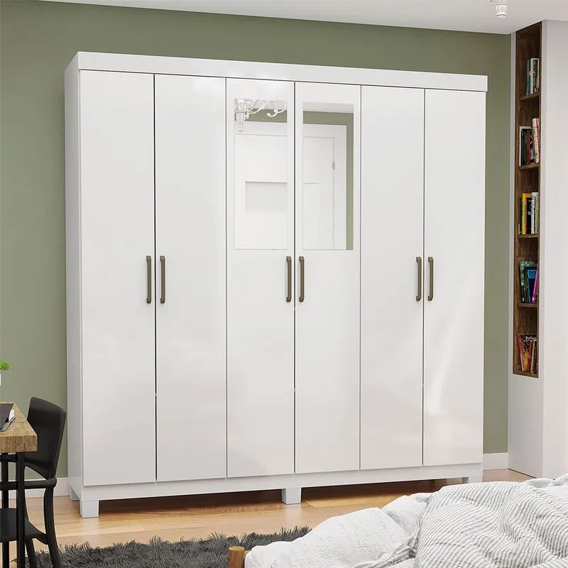 Guarda Roupa Infantil Iona 6 Portas Guarda Roupa R22 6 Portas 2 Gavetas Com Espelho e Pés Carioca Móveis