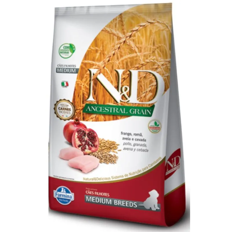 Ração Farmina N&D Ancestral Grain para Cães Filhotes de Raças Médias Sabor Frango e Romã - 10,1KG