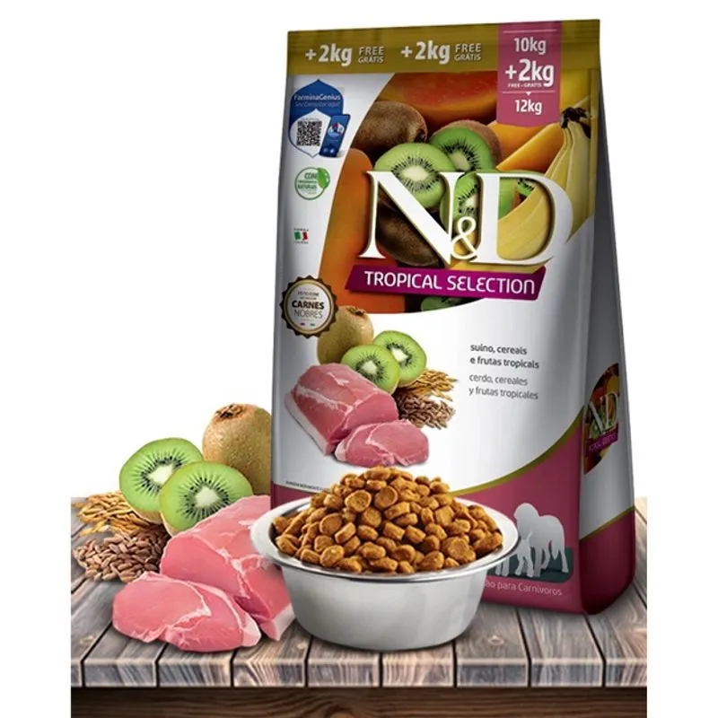 Ração Seca nd Tropical Selection Suíno, Cereais e Frutas Tropicais para Cães Adultos de Raças Médias e Maxi - 10 2Kg