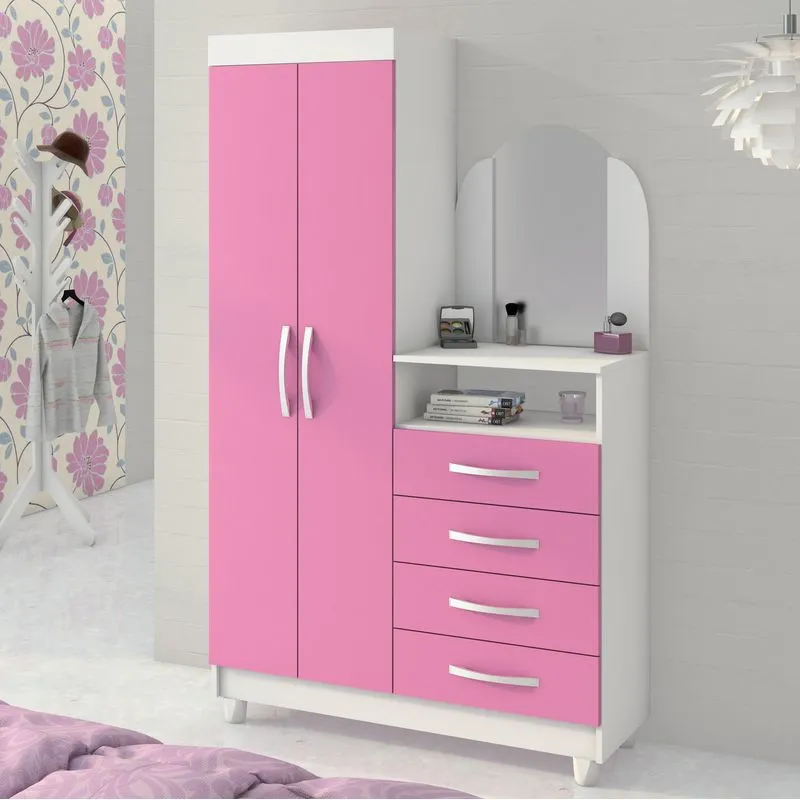 Guarda-Roupa/Cômoda Prático New Notável Móveis Branco/Rosa
