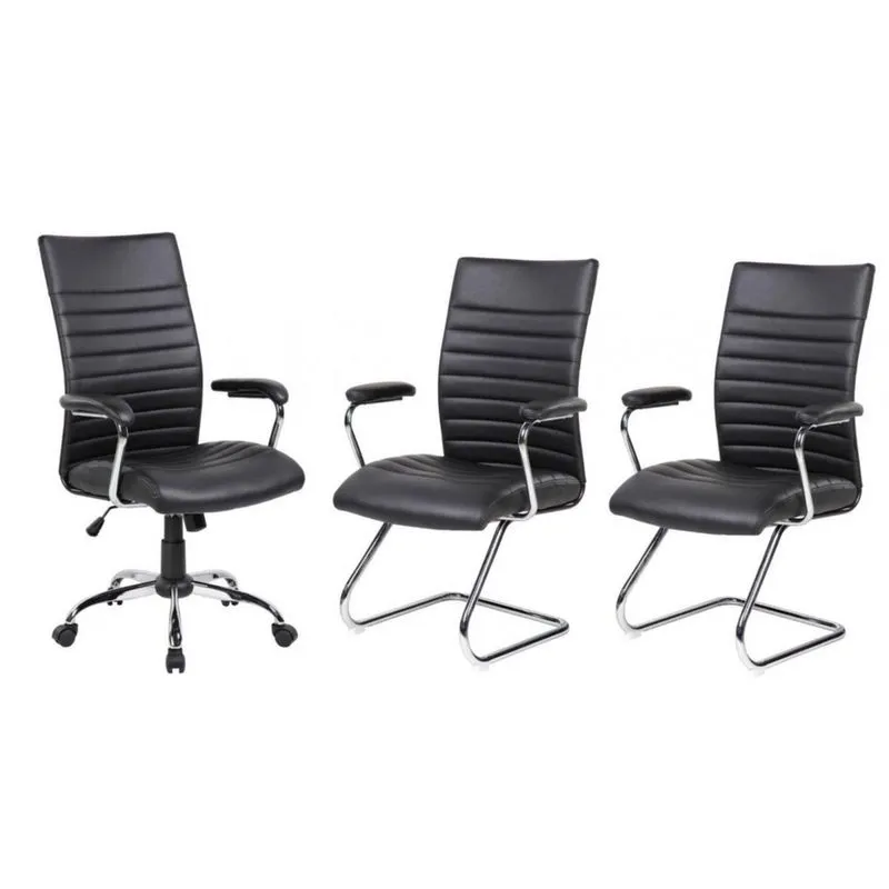Conjunto com 1 Cadeira Presidente e 2 Cadeiras Interlocutores em Couro pu PEL-9023H/V Pretas