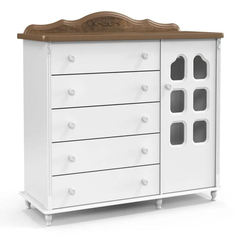 Cômoda Infantil 5 Gavetas 1 Porta Provence Slim Branco Soft/Teka - Matic