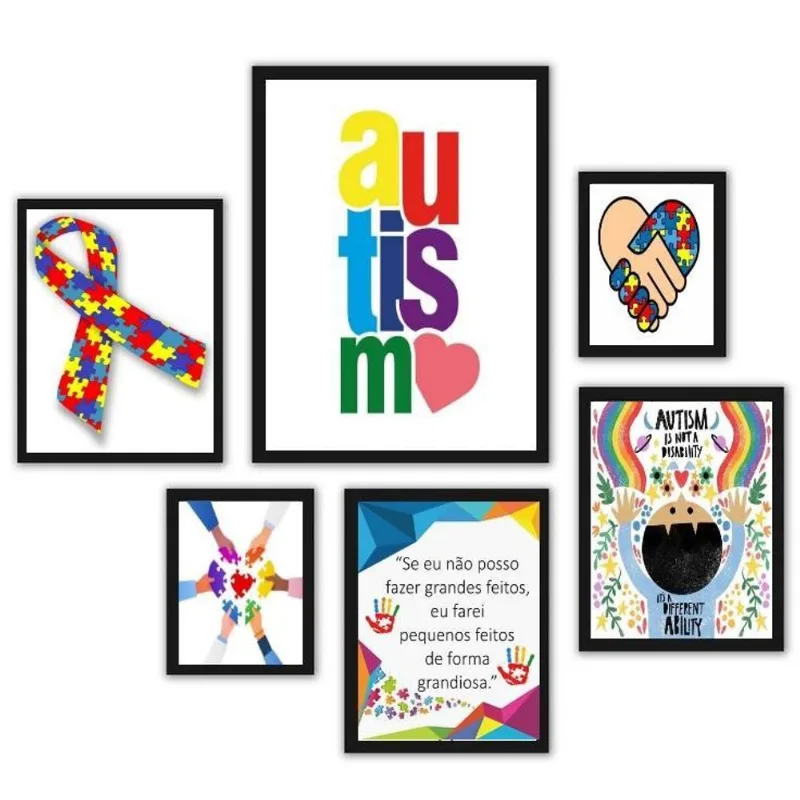 Quadros Autismo - 6 peças com vidro e moldura branca