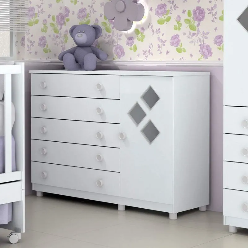 Cômoda de Bebê 5 Gavetas 1 Porta com Pés Sonetto Tcil Móveis Branco